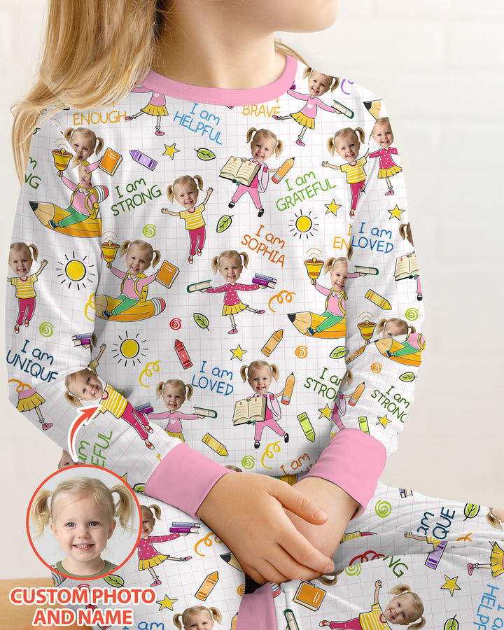 Custom Photo Kid Affirmations I Am Kind Bamboo Two Piece Long Sleeve Pajama Set