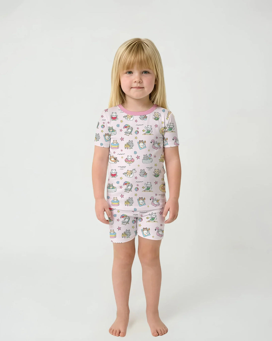 Kawaii Cats Summer Vacation Bamboo Two Piece Short Sleeve Shorts Pajama Set