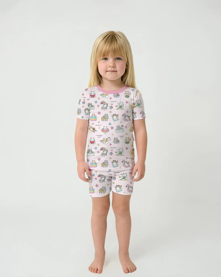 Kawaii Cats Summer Vacation Bamboo Two Piece Short Sleeve Shorts Pajama Set