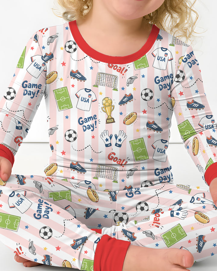 Striped Soccer Game Day Family Matching Bamboo Two Piece Long Sleeve Pajama Set