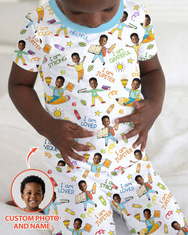 Custom Photo Kid Affirmations I Am Kind Bamboo Two Piece Short Sleeve Pajama Set