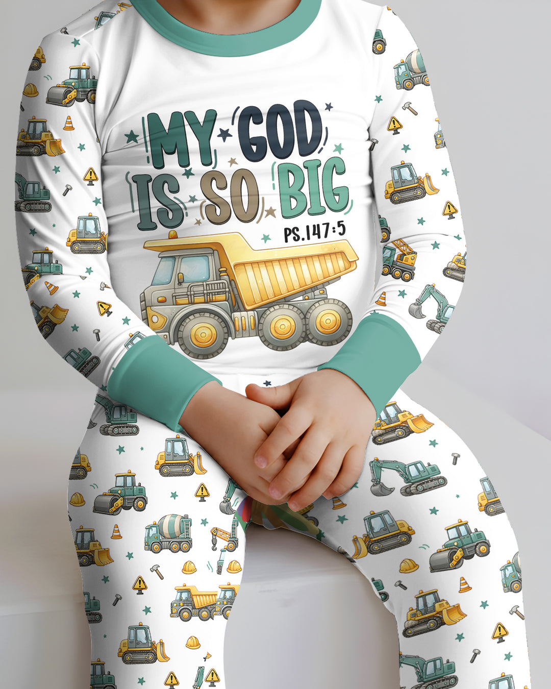 Construction Vehicles My God Is So Big Bamboo Two Piece Long Sleeve Pajama Set