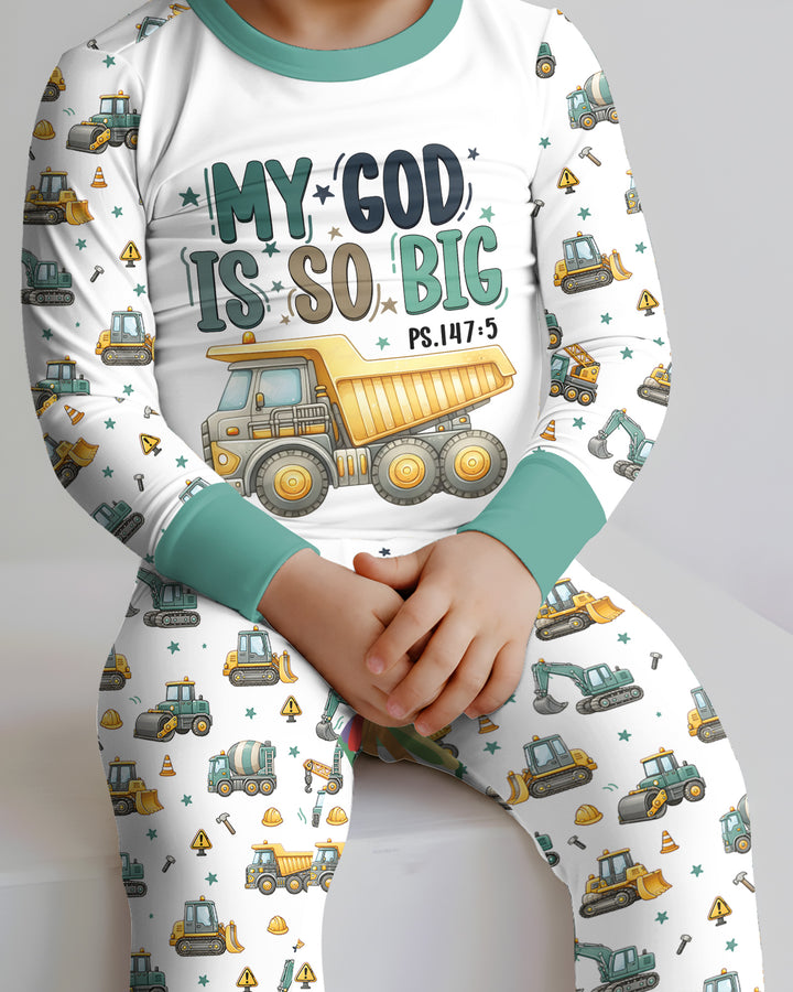 Construction Vehicles My God Is So Big Bamboo Two Piece Long Sleeve Pajama Set