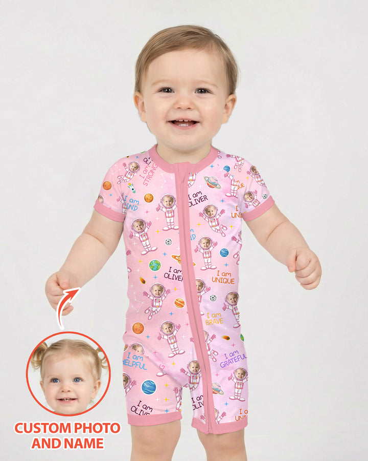 Custom Photo Kid Affirmations I Am Kind Astronaut Bamboo Shorty Zippy