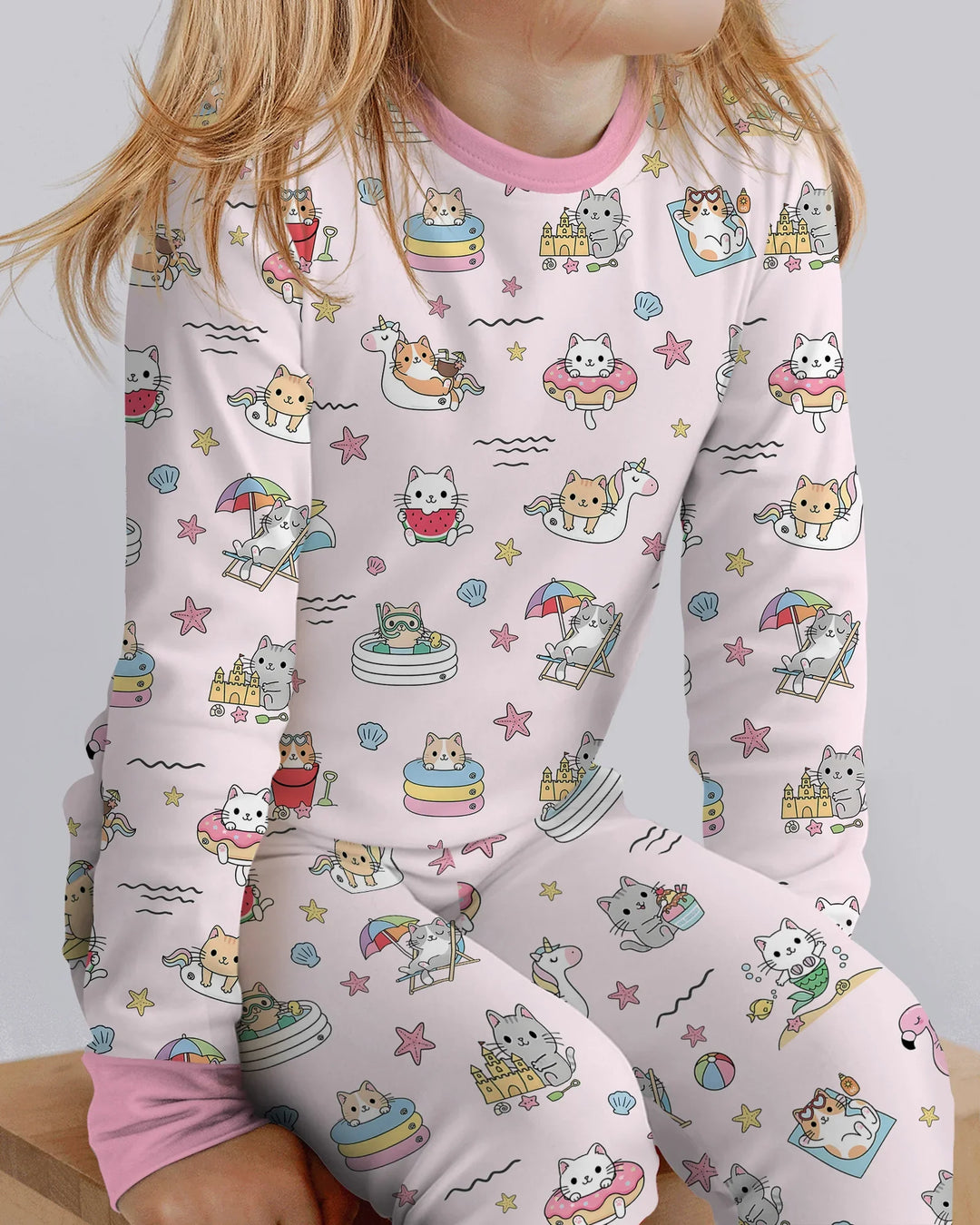 Kawaii Cats Summer Vacation Bamboo Two Piece Long Sleeve Pajama Set