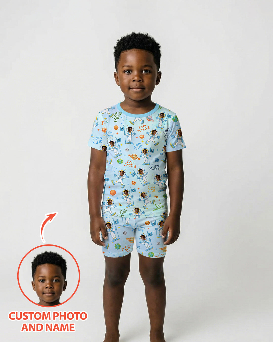Custom Photo Kid Affirmations I Am Kind Astronaut Bamboo Two Piece Short Sleeve Pajama Set