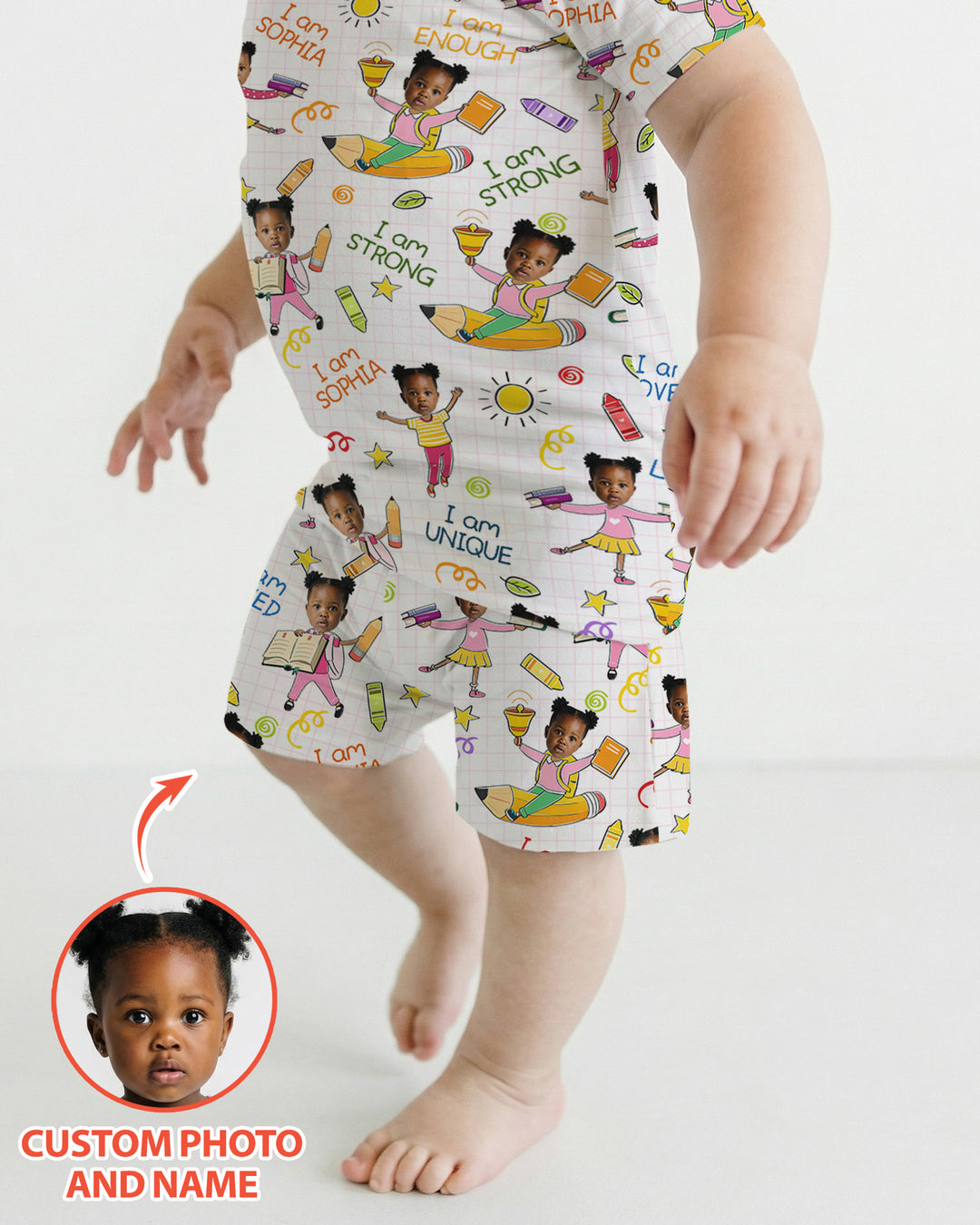 Custom Photo Kid Affirmations I Am Kind Bamboo Two Piece Short Sleeve Shorts Pajama Set