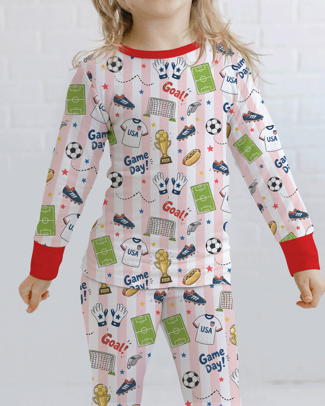 Striped Soccer Game Day Family Matching Bamboo Two Piece Long Sleeve Pajama Set