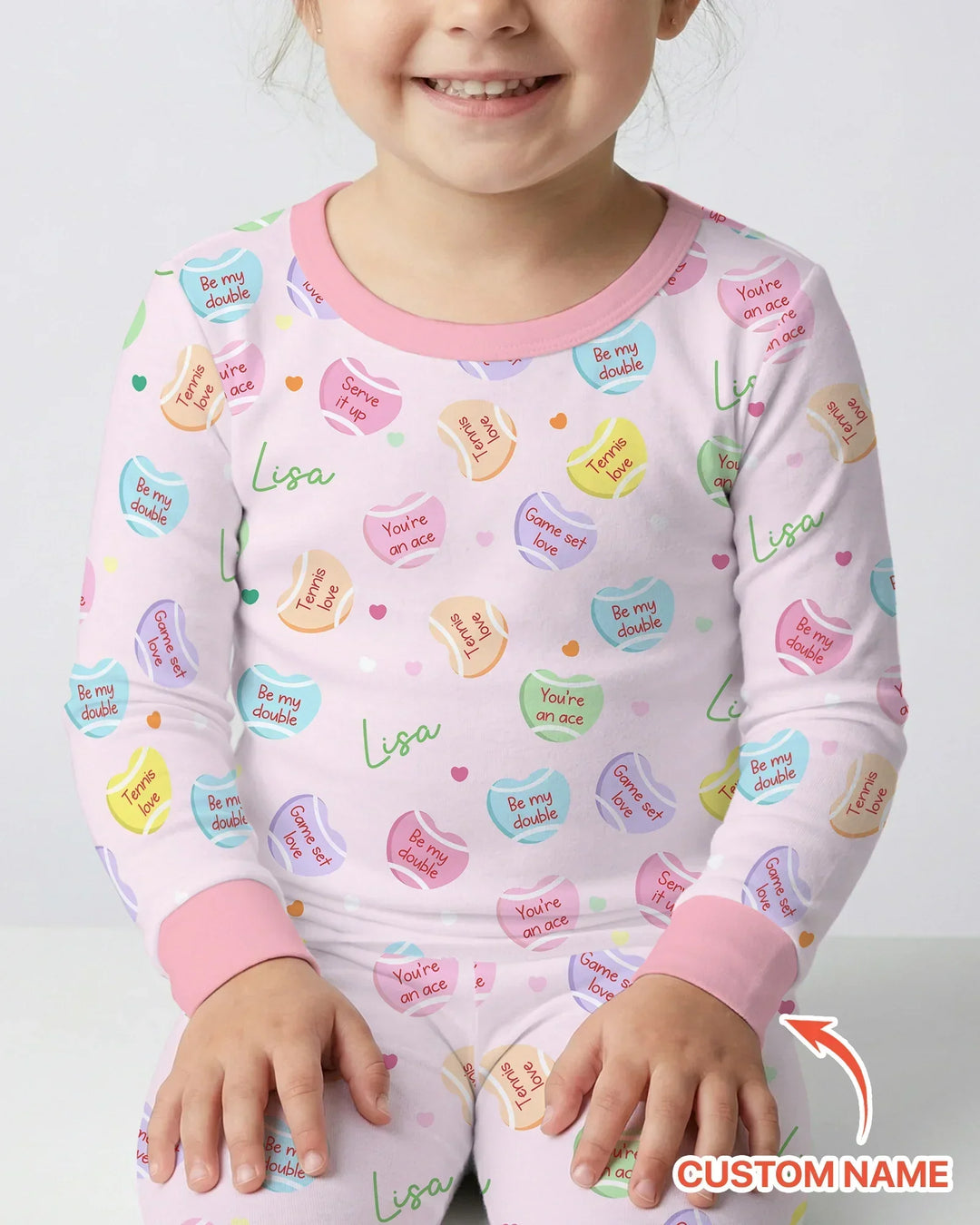 Custom Name Tennis Candy Hearts Bamboo Two Piece Long Sleeve Pajama Set