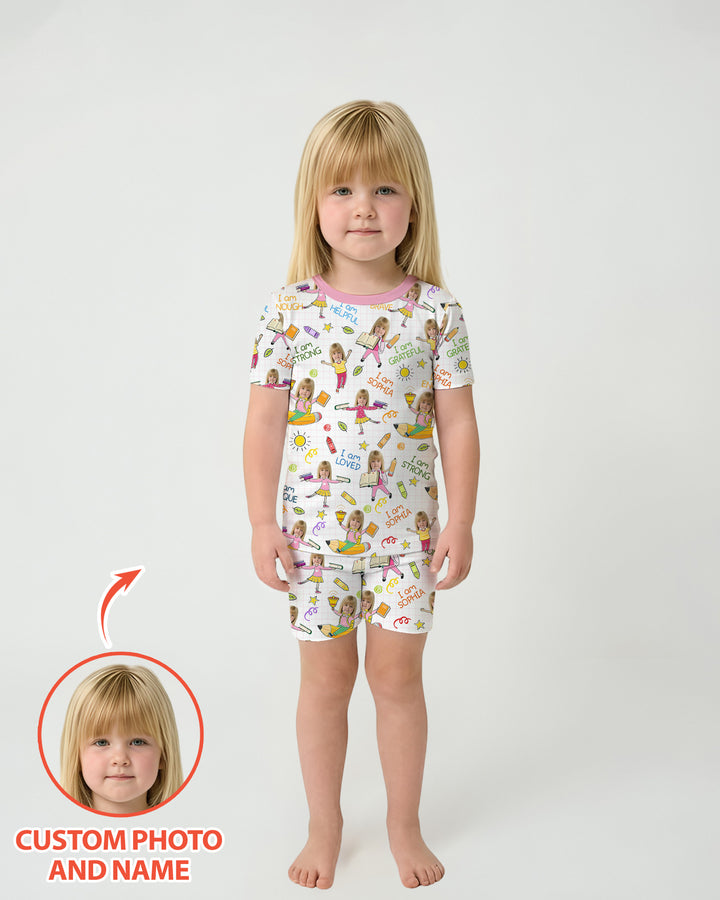 Custom Photo Kid Affirmations I Am Kind Bamboo Two Piece Short Sleeve Shorts Pajama Set