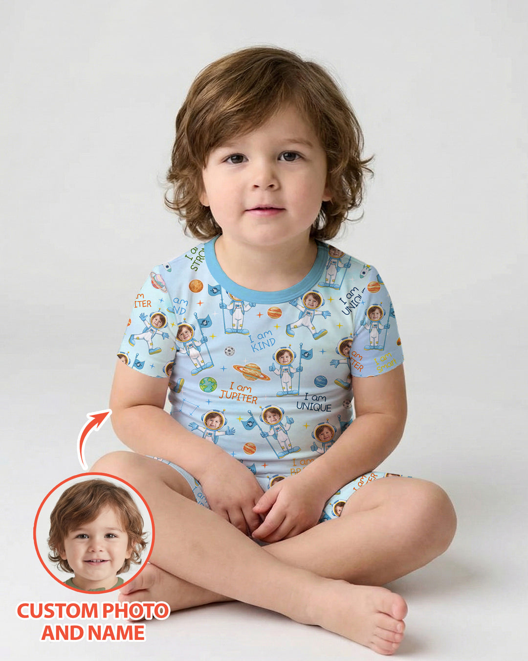 Custom Photo Kid Affirmations I Am Kind Astronaut Bamboo Two Piece Short Sleeve Pajama Set