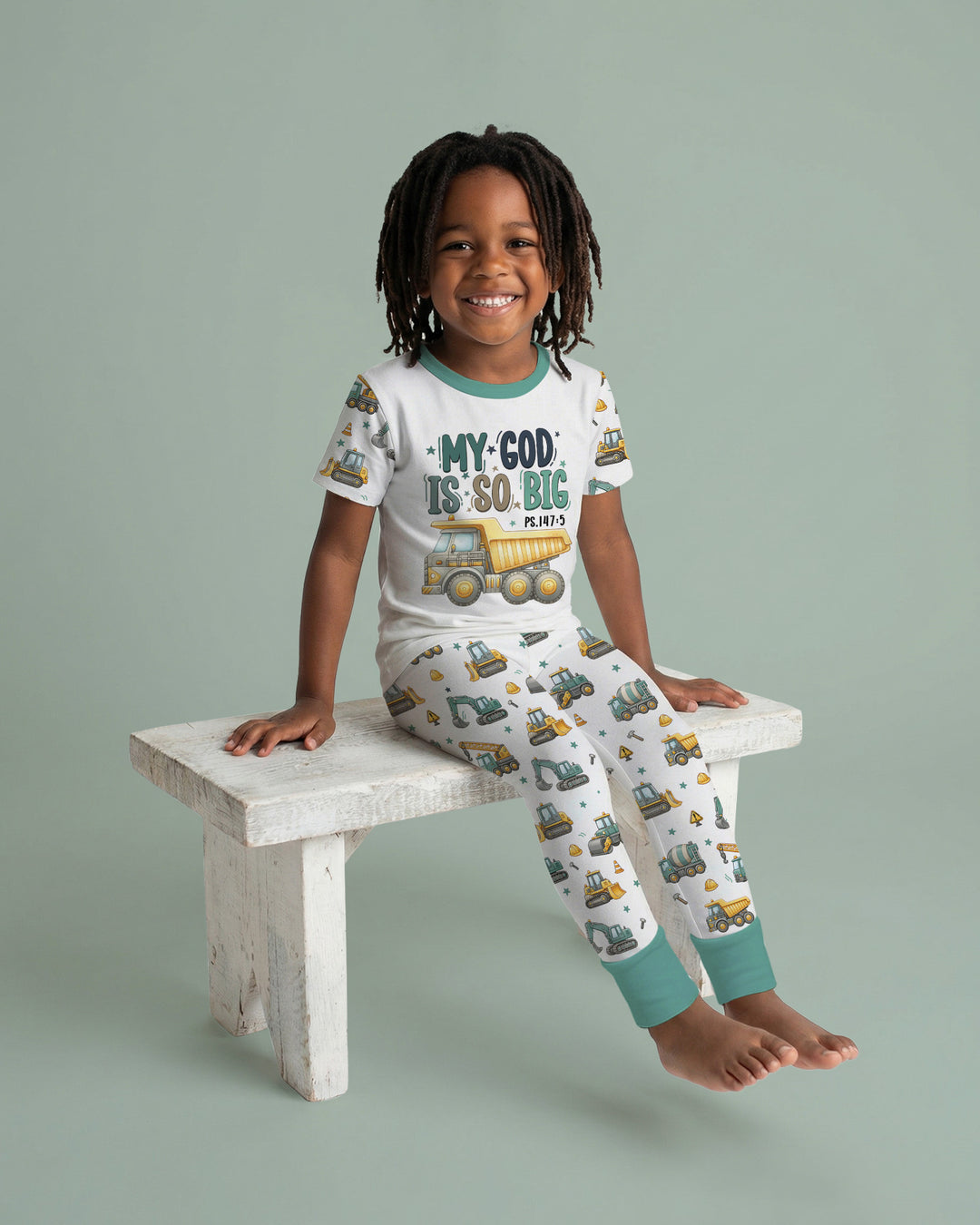 Construction Vehicles My God Is So Big Bamboo Two Piece Short Sleeve Pajama Set