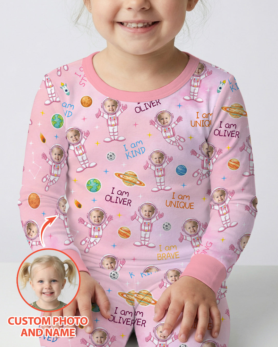 Custom Photo Kid Affirmations I Am Kind Astronaut Bamboo Two Piece Long Sleeve Pajama Set