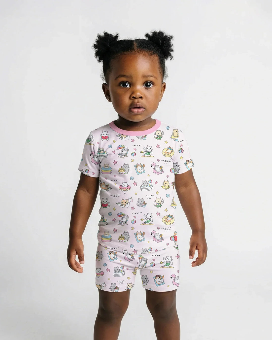 Kawaii Cats Summer Vacation Bamboo Two Piece Short Sleeve Shorts Pajama Set