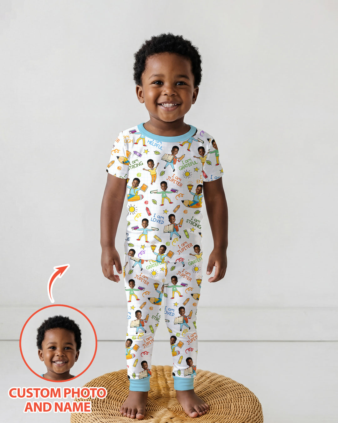 Custom Photo Kid Affirmations I Am Kind Bamboo Two Piece Short Sleeve Pajama Set