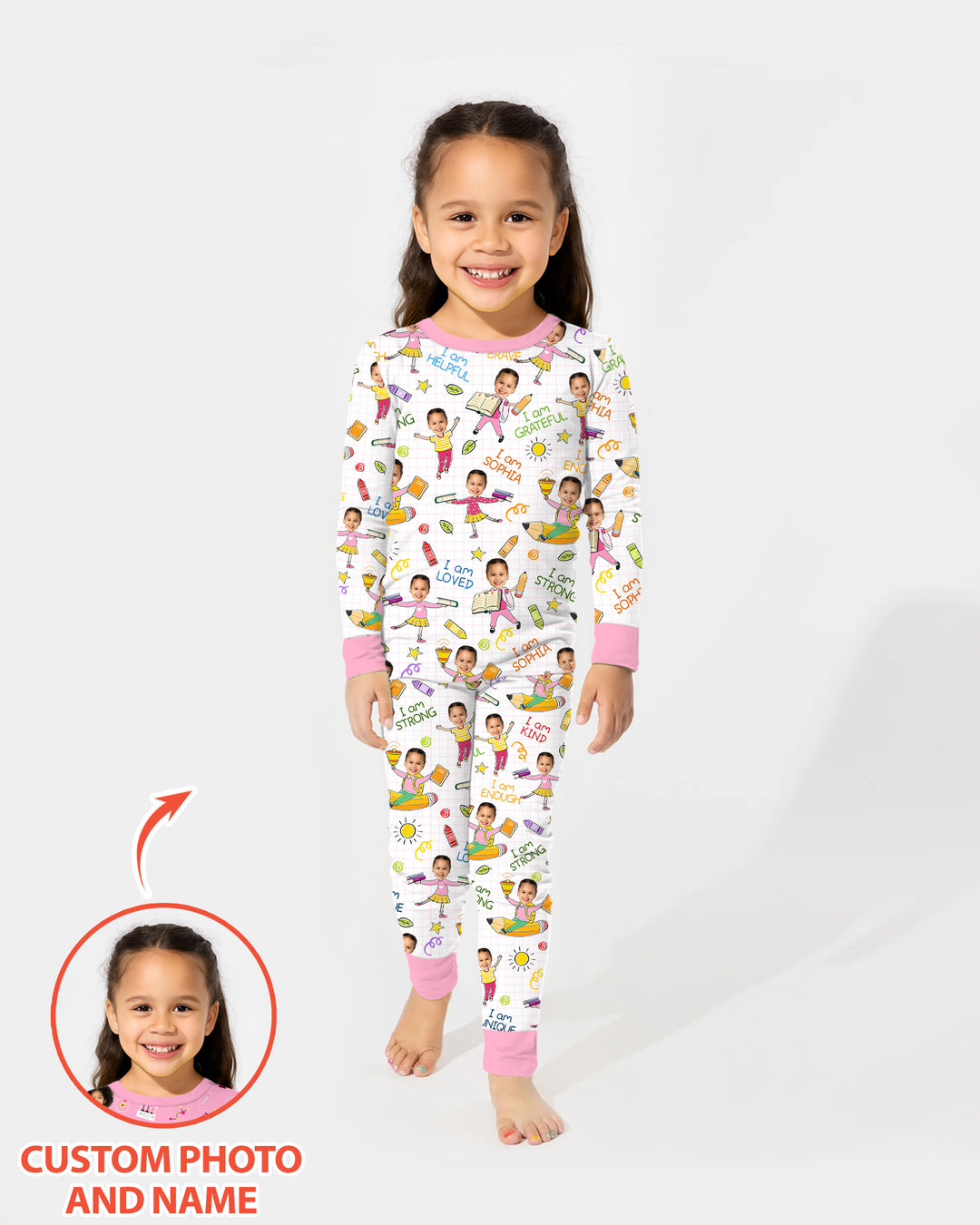 Custom Photo Kid Affirmations I Am Kind Bamboo Two Piece Long Sleeve Pajama Set