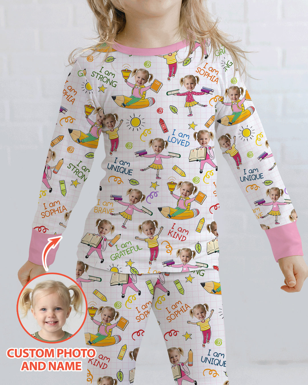Custom Photo Kid Affirmations I Am Kind Bamboo Two Piece Long Sleeve Pajama Set