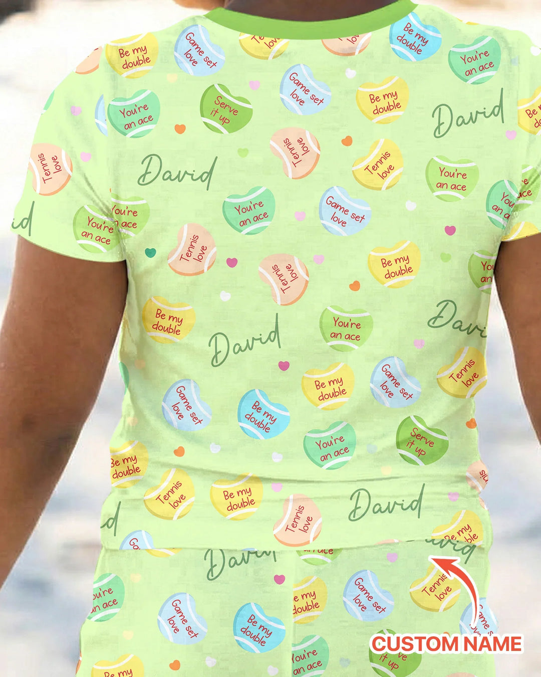 Custom Name Tennis Candy Hearts Bamboo Two Piece Short Sleeve Pajama Set