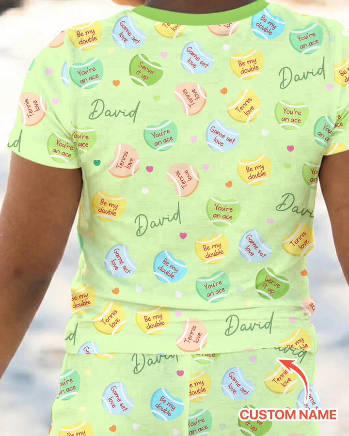 Custom Name Tennis Candy Hearts Bamboo Two Piece Short Sleeve Pajama Set