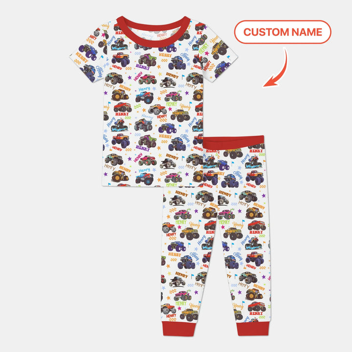 Monster Truck Custom Name Two Piece Short Sleeve Pajama Set