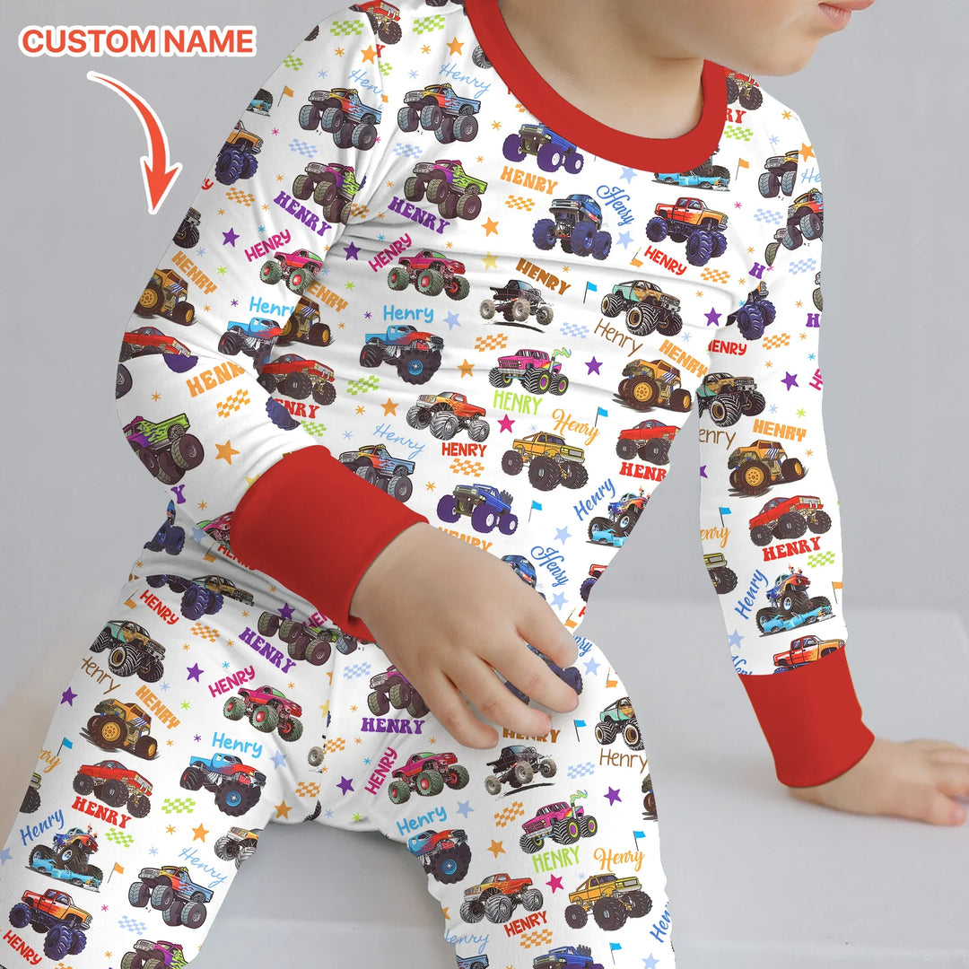 Monster Truck Custom Name Two Piece Long Sleeve Pajama Set