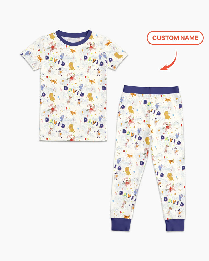 Custom Name Circus Toile Bamboo Two Piece Short Sleeve Pajama Set