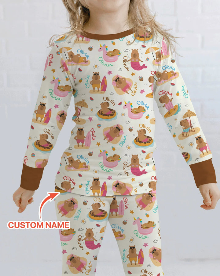 Don't Worry, Be Capy Custom Name Bamboo Two Piece Long Sleeve Pajama Set