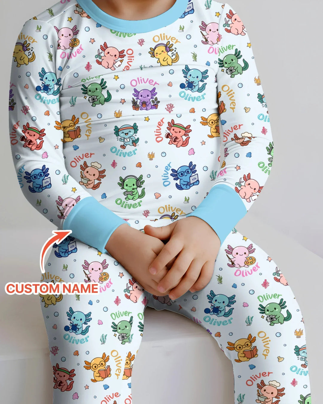 Custom Name Cute Hobby Axolotl Two Piece Long Sleeve Pajama Set