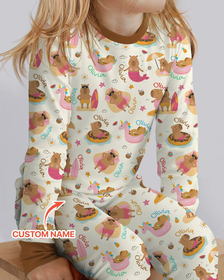 Don't Worry, Be Capy Custom Name Bamboo Two Piece Long Sleeve Pajama Set
