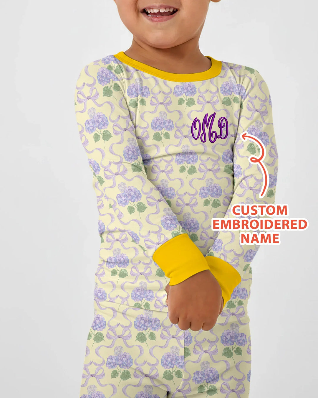 Custom Name Embroidered Hydrangea Welcome Home Bamboo Two Piece Long Sleeve Pajama Set