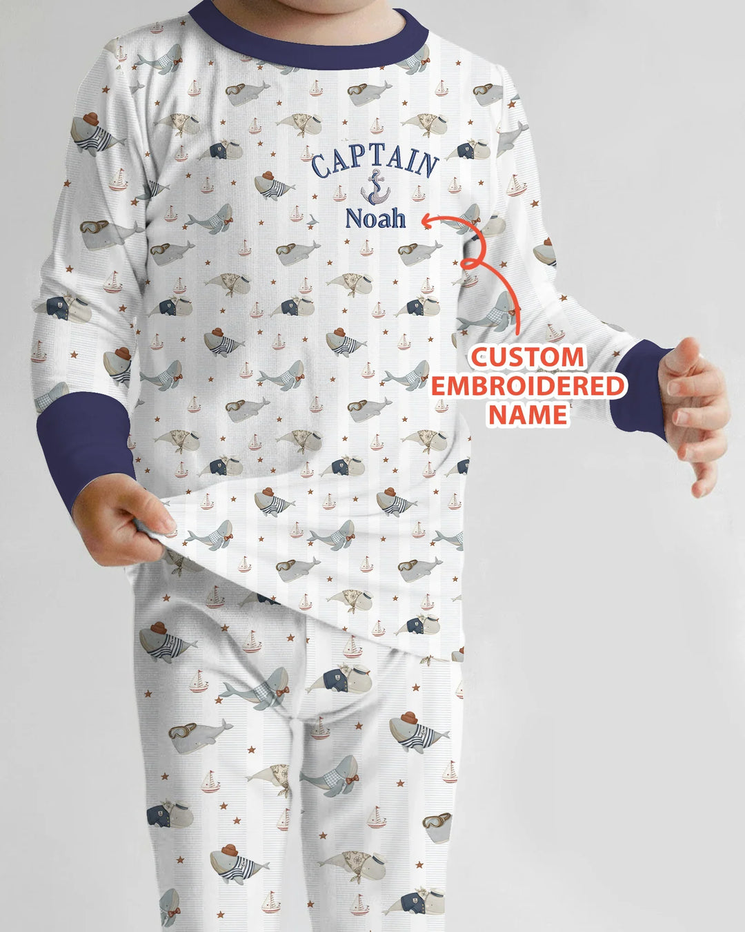 Custom Embroidered Name Little Captain of the Whale Crew Bamboo Two Piece Long Sleeve Pajama Set