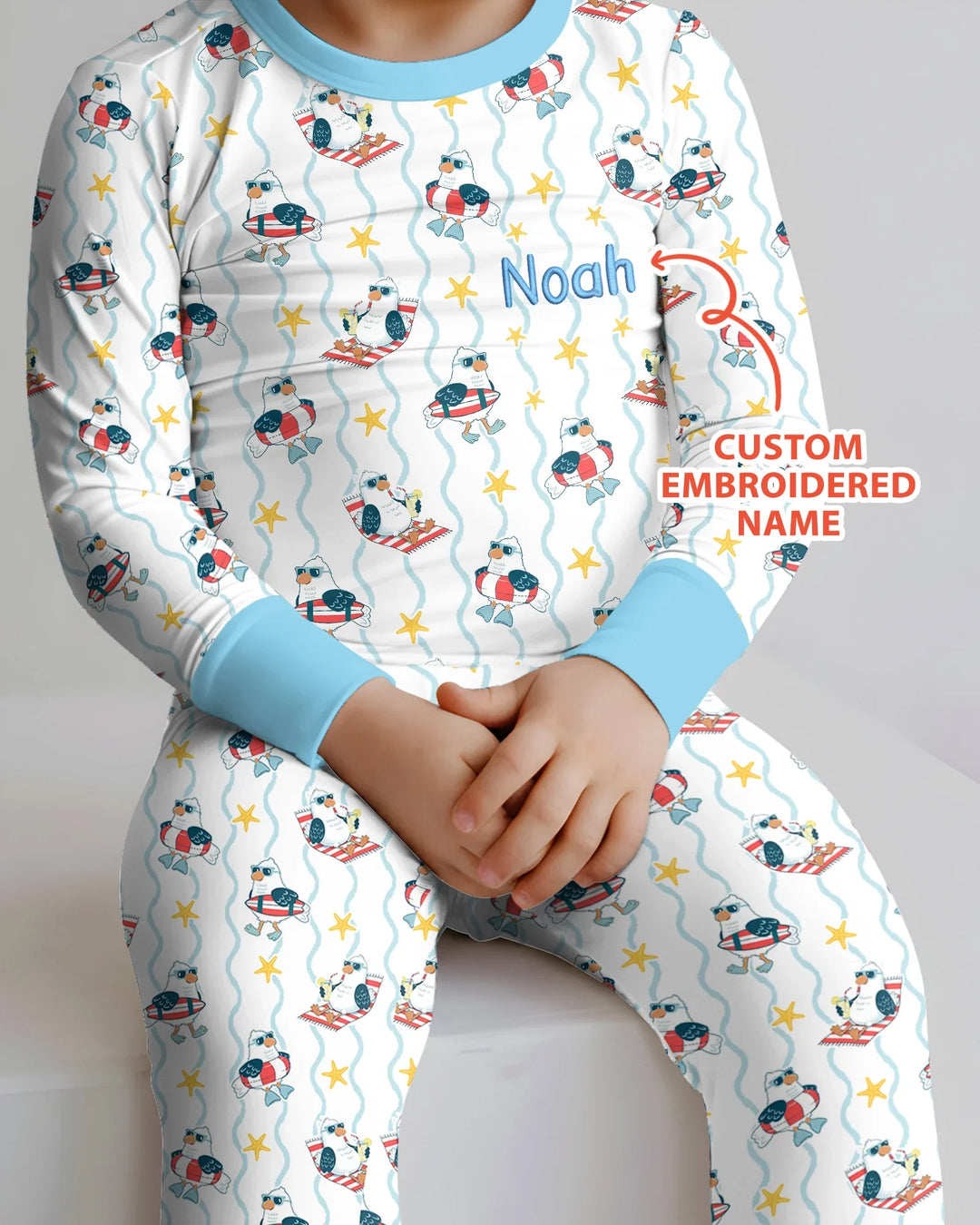 Conjunto de pijama de dos piezas personalizado bordado de bambú para bebé con gaviota veraniega y manga larga