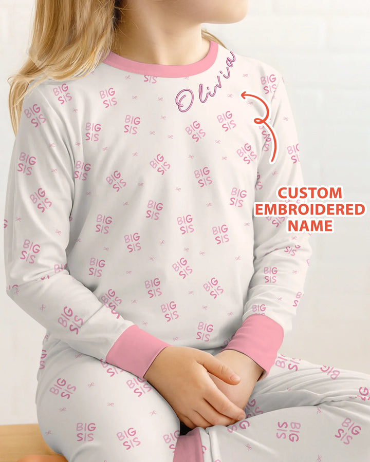 Conjunto de pijama de dos piezas de bambú con mangas largas y nombre bordado a medida para hermana mayor