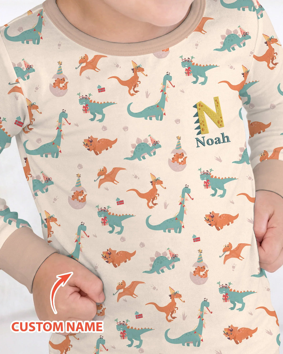 Pijama de dos piezas de bambú con nombre bordado personalizado de dinosaurios y manga larga