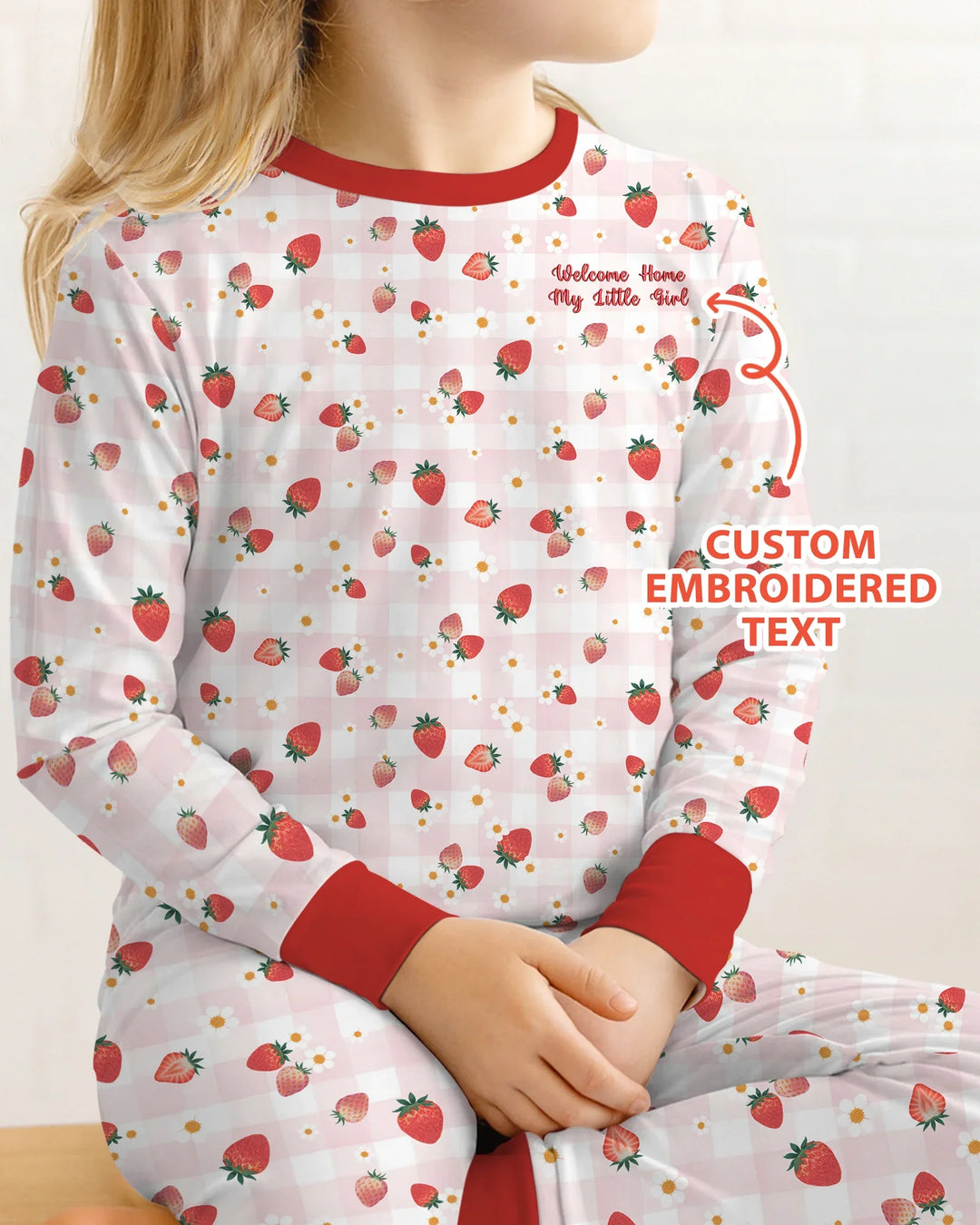 Conjunto de pijama de dos piezas de bambú con bordado de fresas y texto personalizado de manga larga