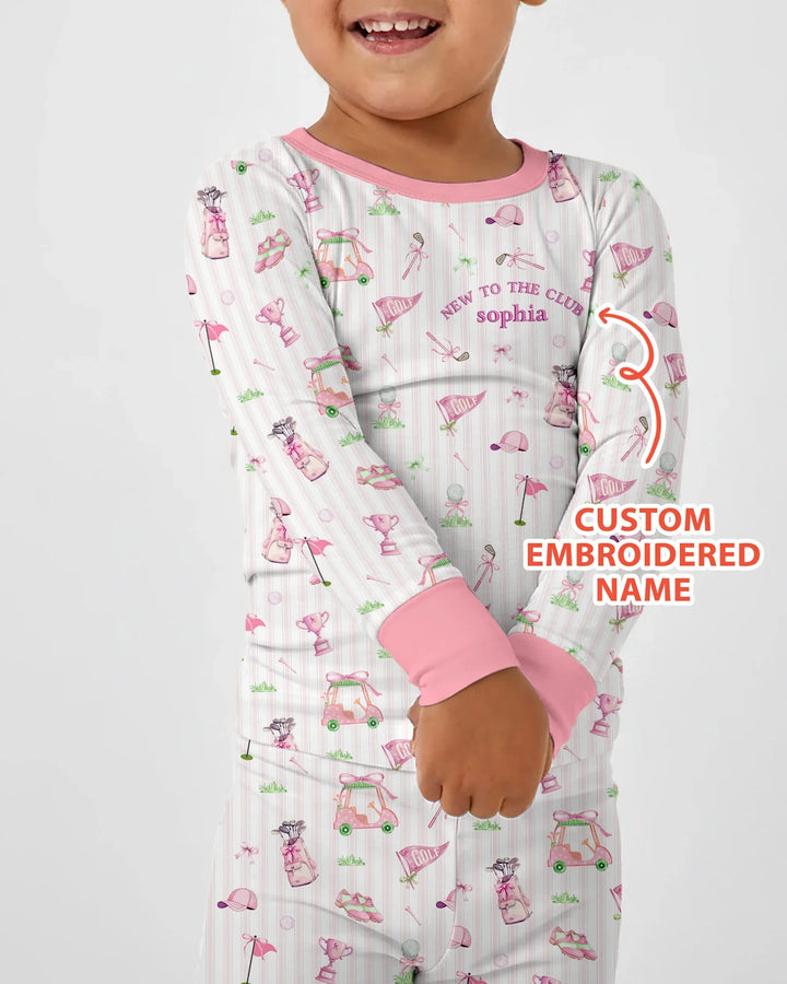 Personalized Embroidered Golf Baby Girl Bamboo Two Piece Long Sleeve Pajama Set