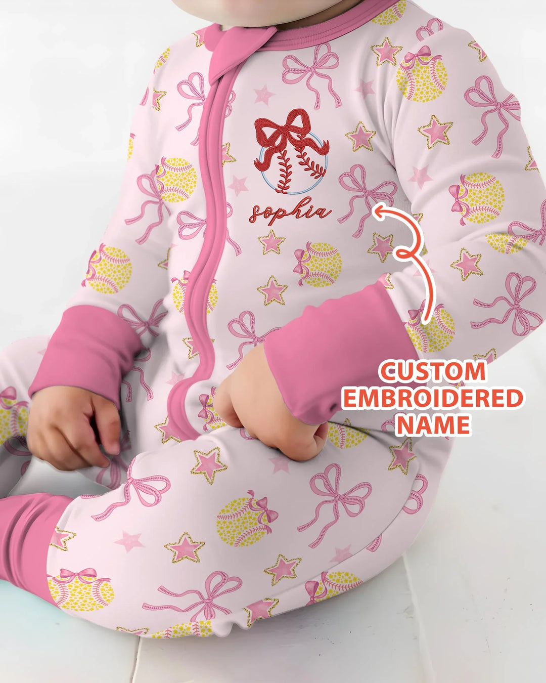 Custom Name Embroidered Softball Bow Baby Bamboo Convertible Zippy