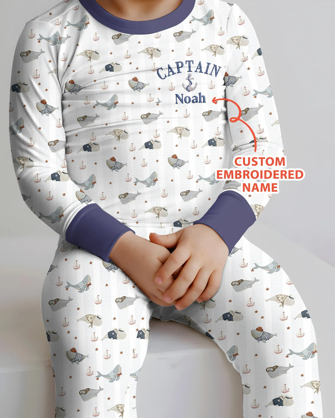 Custom Embroidered Name Little Captain of the Whale Crew Bamboo Two Piece Long Sleeve Pajama Set