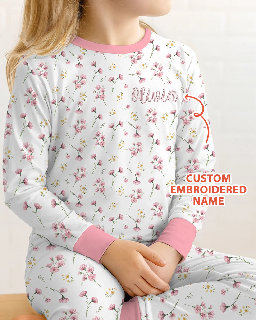 Custom Embroidered Name Floral Whispers Bamboo Two Piece Long Sleeve Pajama Set