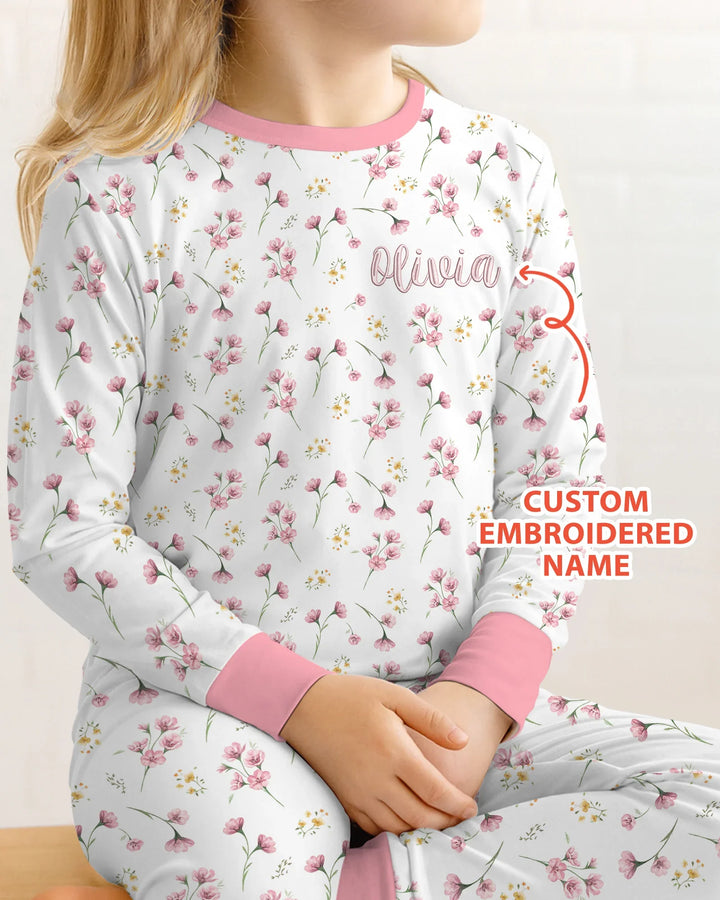 Custom Embroidered Name Floral Whispers Bamboo Two Piece Long Sleeve Pajama Set