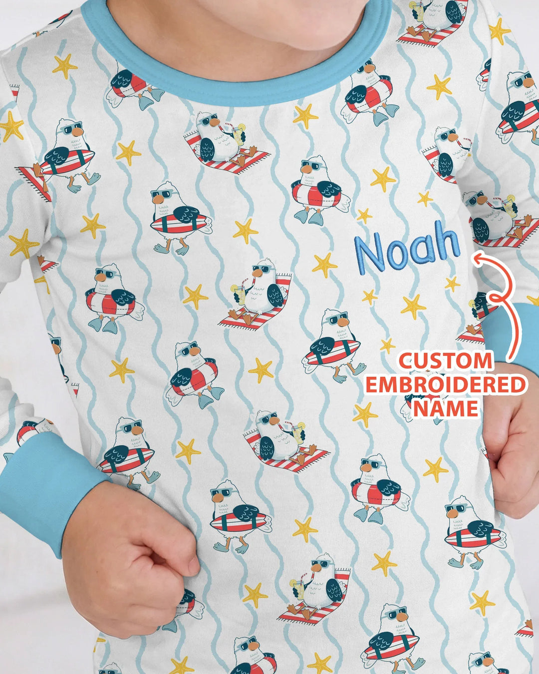 Conjunto de pijama de dos piezas personalizado bordado de bambú para bebé con gaviota veraniega y manga larga