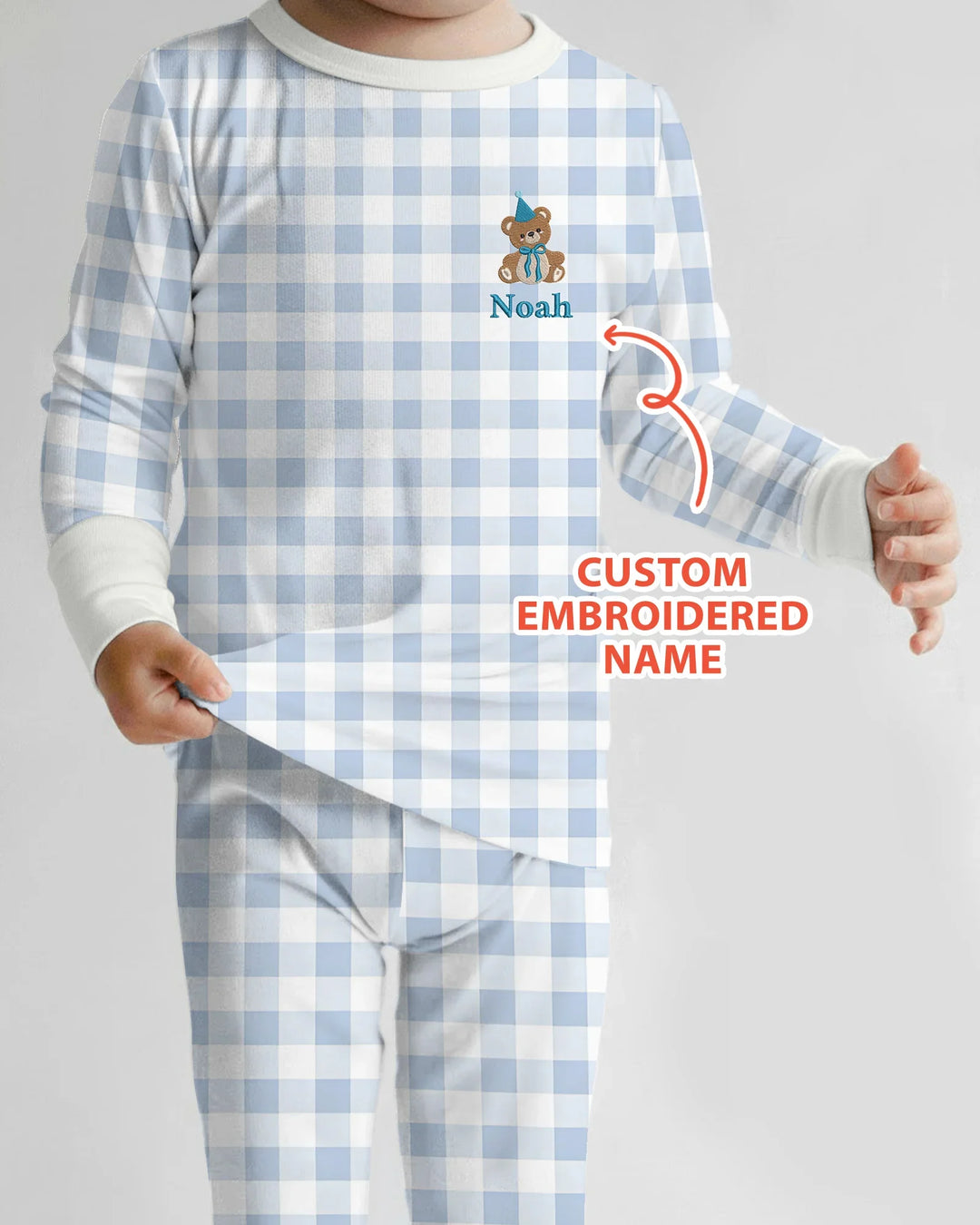Custom Embroidered Name Birthday Teddy Bamboo Two Piece Long Sleeve Pajama Set