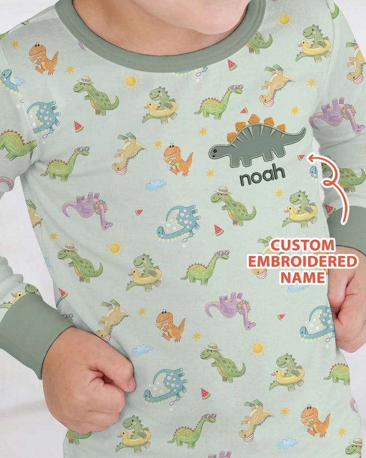 Custom Embroidered Name Summer Dinosaur Bamboo Two Piece Long Sleeve Pajama Set