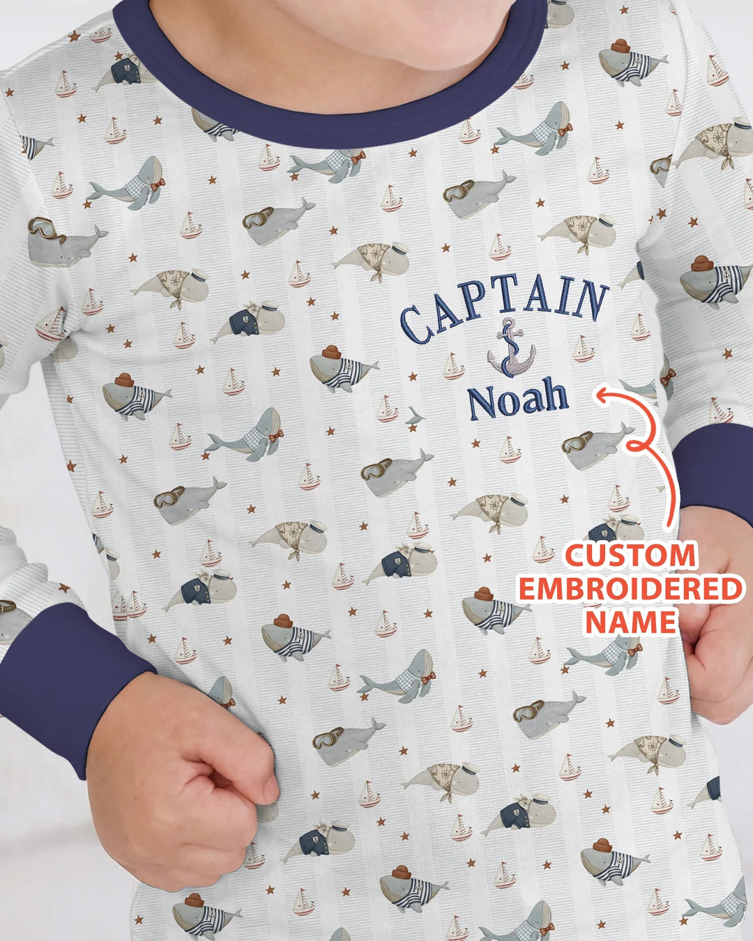 Custom Embroidered Name Little Captain of the Whale Crew Bamboo Two Piece Long Sleeve Pajama Set
