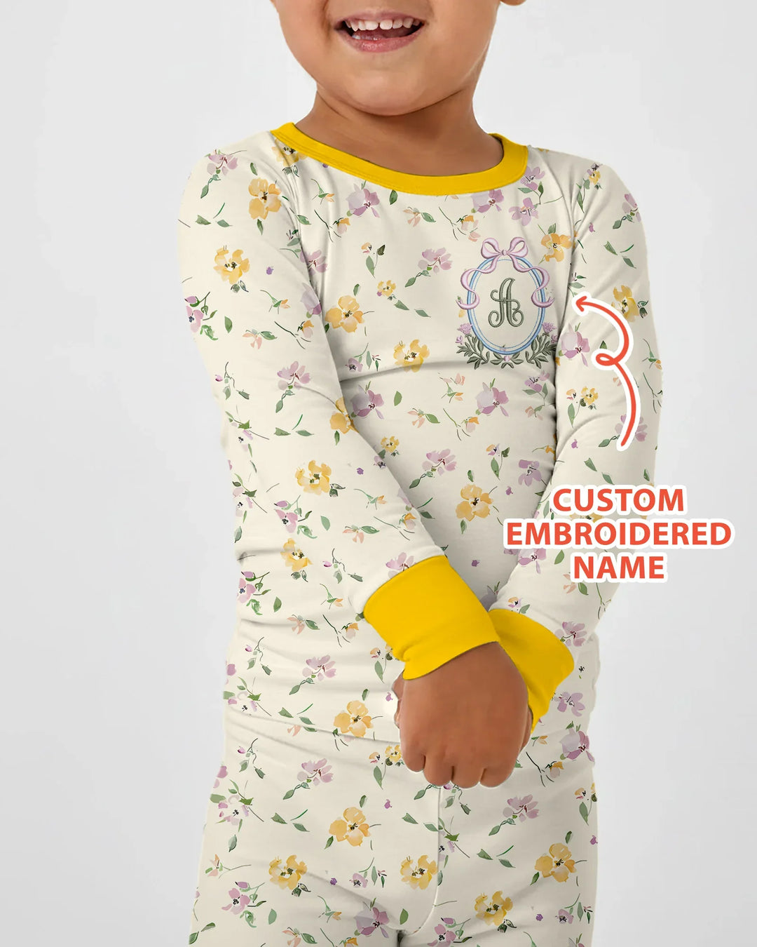 Custom Embroidered Name Floral Bamboo Two Piece Long Sleeve Pajama Set