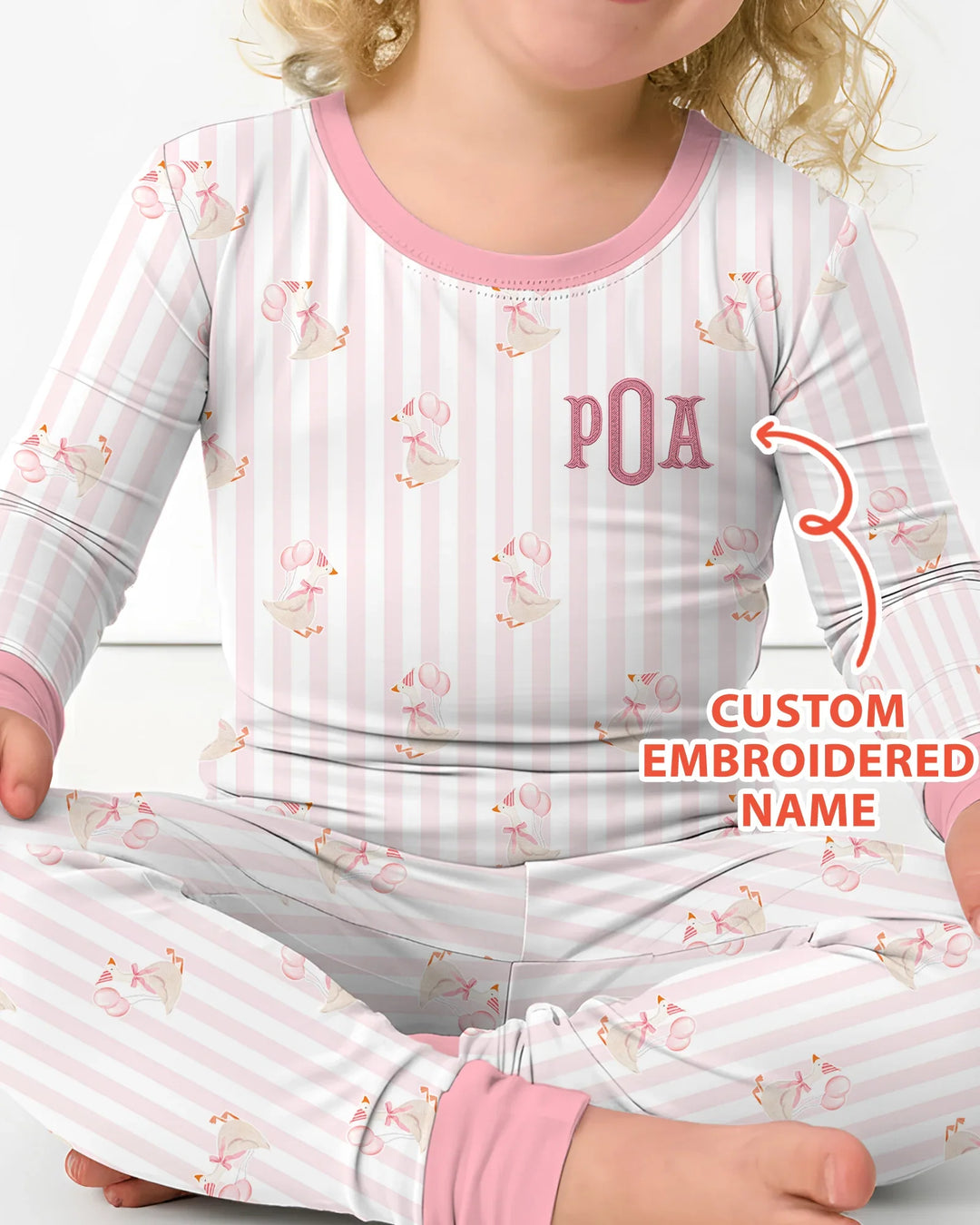 Conjunto de pijama de dos piezas de bambú de manga larga para niña de cumpleaños con nombre bordado personalizado