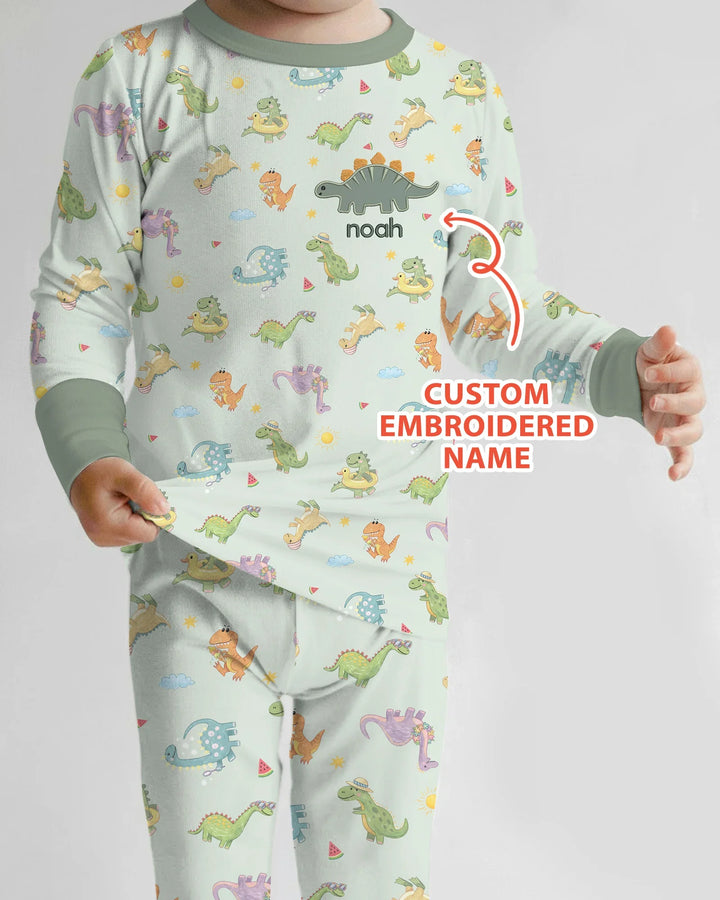 Custom Embroidered Name Summer Dinosaur Bamboo Two Piece Long Sleeve Pajama Set