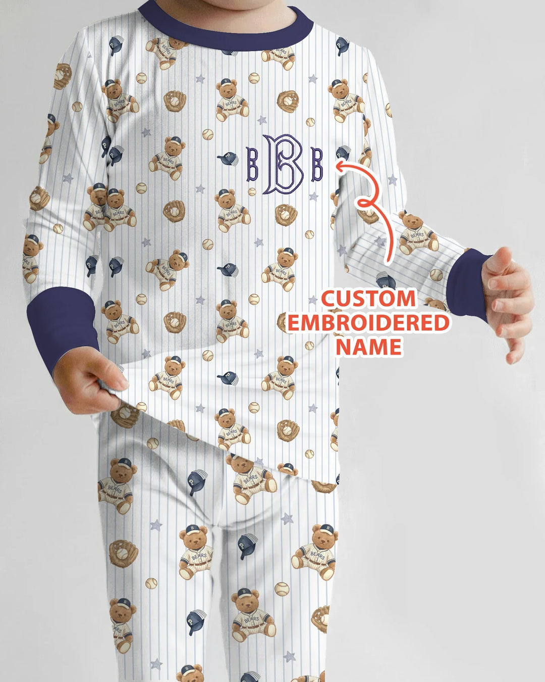 Personalized Embroidered Teddy Bear Baseball Baby Bamboo Two Piece Long Sleeve Pajama Set