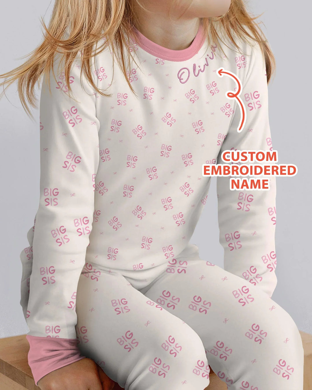 Conjunto de pijama de dos piezas de bambú con mangas largas y nombre bordado a medida para hermana mayor