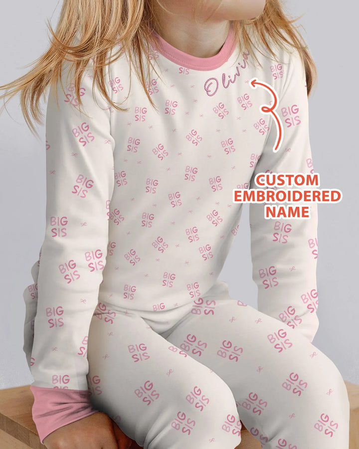 Conjunto de pijama de dos piezas de bambú con mangas largas y nombre bordado a medida para hermana mayor